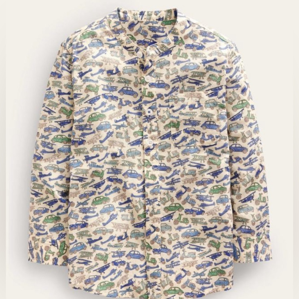 4-5y 🚙 Mini Boden Patterned Grandad Shirt Blue Vehicles Boys Cotton Linen Shirt